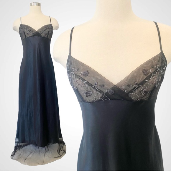 Y2K Victoria’s Secret Black Satin Sheer Embroidered Vintage Maxi Gown Slip Dress - Picture 1 of 10